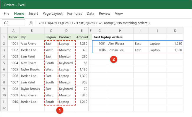 How to Use the FILTER Function in Excel 2 Excel worksheet where one FILTER formula in G2 tests the Region and Product columns and spills two matching orders, 1001 and 1006, into G2:K3 with a blue spill border
