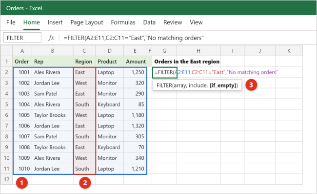 How to Use the FILTER Function in Excel 1 Excel worksheet with an orders table in A1:E11 and the formula =FILTER(A2:E11,C2:C11="East","No matching orders") being typed in cell G2, with the data range and the Region column outlined