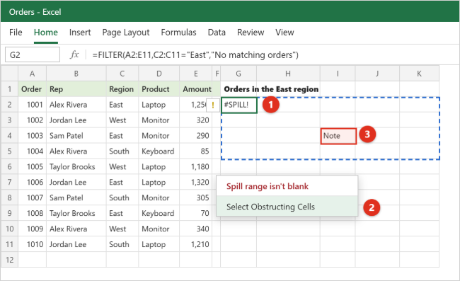 How to Use the FILTER Function in Excel 3 Excel worksheet showing #SPILL! in cell G2 with a dashed blue outline over the intended spill range, an error menu reading Spill range isn't blank with a Select Obstructing Cells option, and a cell containing Note highlighted inside the range