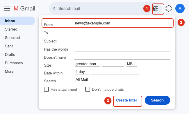 Gmail search bar with the Show search options icon highlighted and the search options panel open, showing From filled in with news@example.com and the Create filter button highlighted