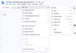Google Docs Format menu expanded to Text, with Strikethrough and its Alt plus Shift plus 5 shortcut visible