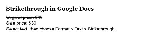 Google Docs example with Original price: $40 crossed out and Sale price: $30 left unchanged