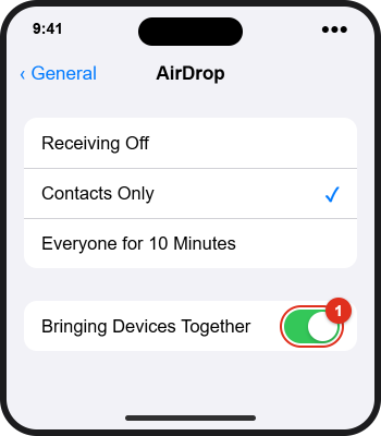 How to Use NameDrop on iPhone 3 iPhone Settings, General, AirDrop screen with Receiving Off, Contacts Only and Everyone for 10 Minutes options and the Bringing Devices Together switch outlined in red