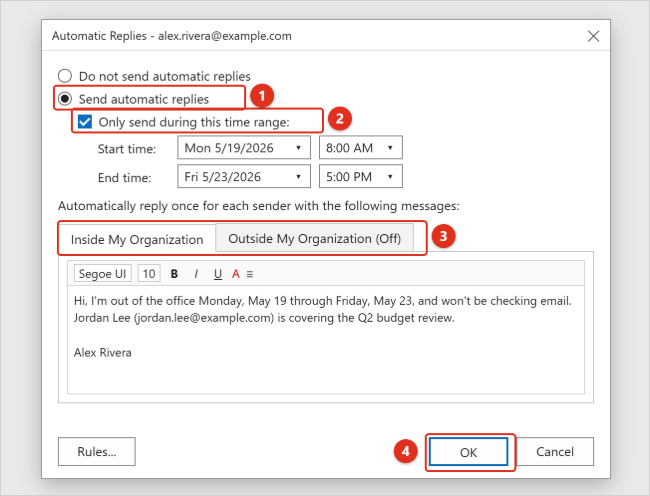 How to Set Up Automatic Replies (Out of Office) in Outlook 2 Classic Outlook Automatic Replies dialog box with Send automatic replies selected, Only send during this time range checked, the Inside My Organization message filled in, and the OK button highlighted