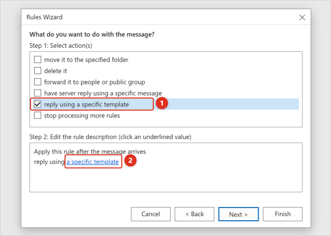 How to Set Up Automatic Replies (Out of Office) in Outlook 3 Classic Outlook Rules Wizard with reply using a specific template checked and the a specific template link highlighted in the rule description