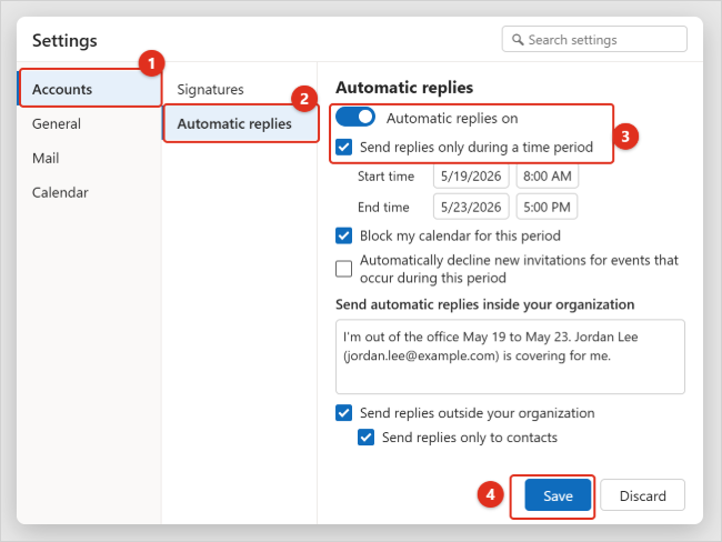 How to Set Up Automatic Replies (Out of Office) in Outlook 1 Outlook on the web Settings window open to Accounts and Automatic replies, with the Automatic replies toggle on, a time period set, and the Save button highlighted
