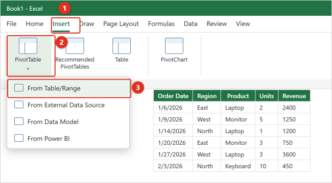 How to Create a Pivot Table in Excel 1 Excel Insert tab with the PivotTable button menu open and From Table/Range highlighted