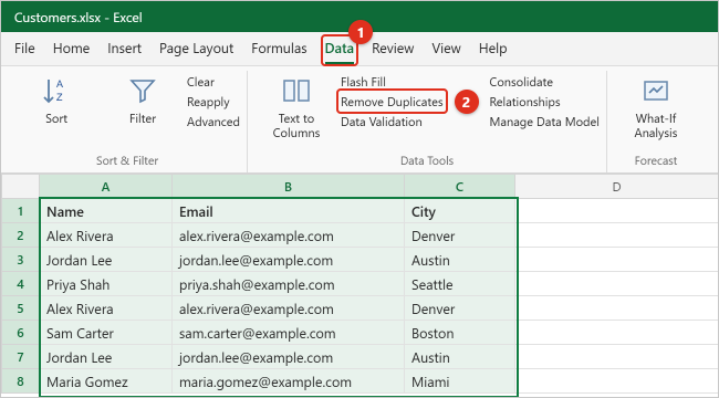 Excel Data tab with the Remove Duplicates command highlighted in the Data Tools group above a selected customer list