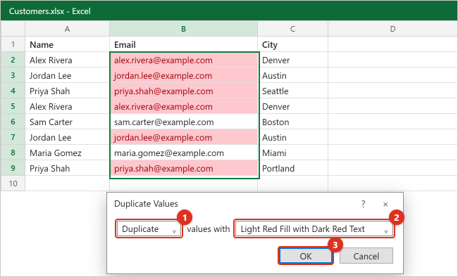 Excel Duplicate Values dialog box over a customer list with repeated email addresses shaded light red