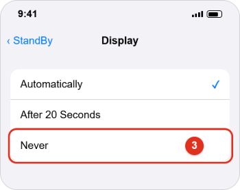 How to Use StandBy Mode on iPhone 2 StandBy Display screen listing Automatically, After 20 Seconds and Never, with Never outlined in red and marked with callout 3