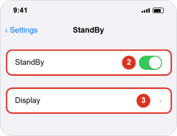 How to Use StandBy Mode on iPhone 1 StandBy settings screen on iPhone with the StandBy switch turned on (callout 2) and the Display row below it (callout 3)