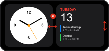 How to Use StandBy Mode on iPhone 3 iPhone in landscape StandBy showing a clock widget and a calendar widget side by side, with red arrows for swiping left and right and up and down (callout 6)