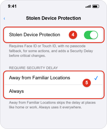 How to Turn On Stolen Device Protection on iPhone 2 Stolen Device Protection screen with the switch turned on and Away from Familiar Locations checked under Require Security Delay