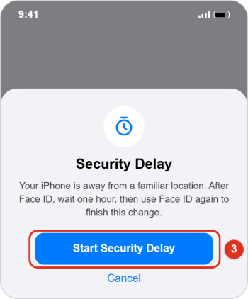 How to Turn On Stolen Device Protection on iPhone 3 iPhone Security Delay prompt with the Start Security Delay button highlighted