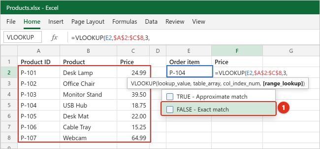How to Use VLOOKUP in Excel 2 Excel range_lookup suggestion list under the VLOOKUP formula with TRUE for approximate match and FALSE for exact match, FALSE highlighted