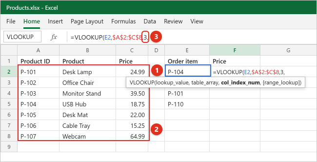 How to Use VLOOKUP in Excel 1 Excel worksheet with a VLOOKUP formula being typed in cell F2, the lookup value E2 and the table range A2:C8 highlighted, and the argument tooltip showing below the cell