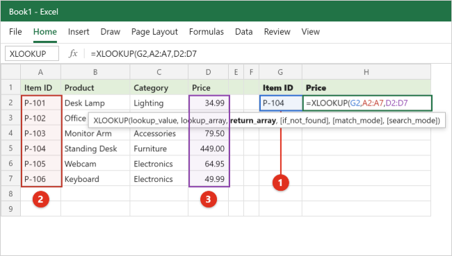 How to Use XLOOKUP in Excel 1 Excel worksheet with a product table and the formula =XLOOKUP(G2,A2:A7,D2:D7) being typed in cell H2, with colored outlines on the lookup value, lookup column and return column