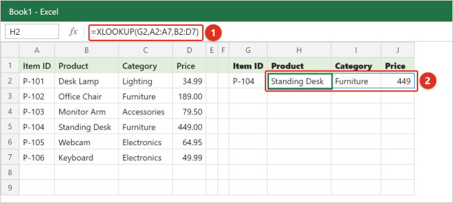 How to Use XLOOKUP in Excel 2 Excel worksheet showing one XLOOKUP formula in cell H2 that returns the product name, category and price across H2 to J2 with a blue spill border